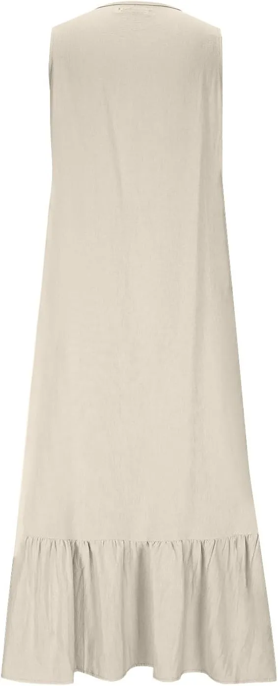 Summer Maxi Boho Sundress for Women Sleeveless Ruffle Swing Dress Casual V Neck Ankle Length A Line Dresses