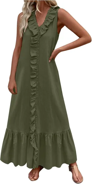 Summer Maxi Boho Sundress for Women Sleeveless Ruffle Swing Dress Casual V Neck Ankle Length A Line Dresses