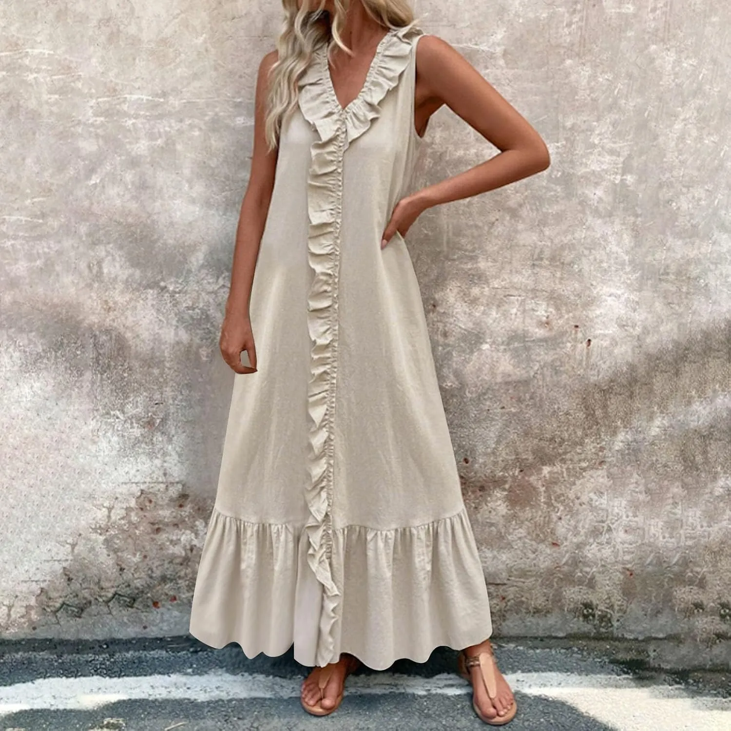 Summer Maxi Boho Sundress for Women Sleeveless Ruffle Swing Dress Casual V Neck Ankle Length A Line Dresses