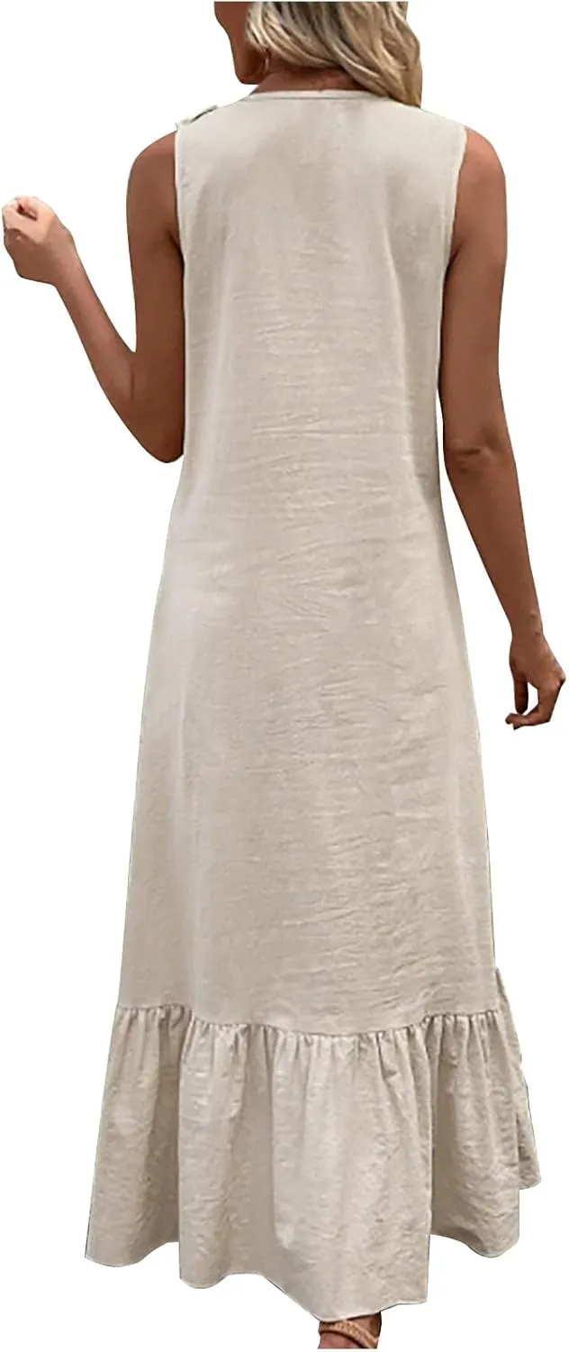 Summer Maxi Boho Sundress for Women Sleeveless Ruffle Swing Dress Casual V Neck Ankle Length A Line Dresses