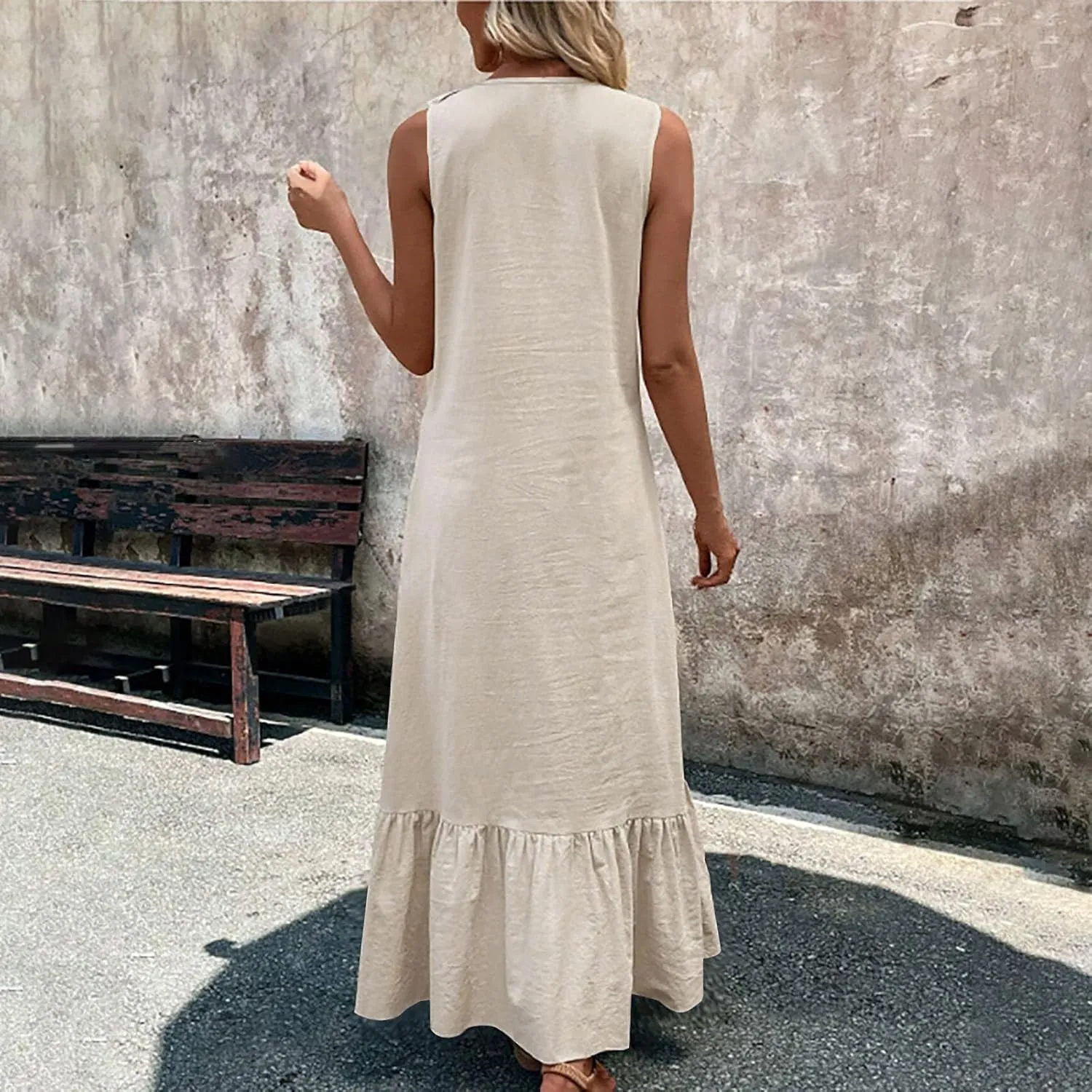 Summer Maxi Boho Sundress for Women Sleeveless Ruffle Swing Dress Casual V Neck Ankle Length A Line Dresses
