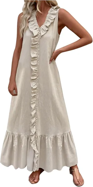 Summer Maxi Boho Sundress for Women Sleeveless Ruffle Swing Dress Casual V Neck Ankle Length A Line Dresses