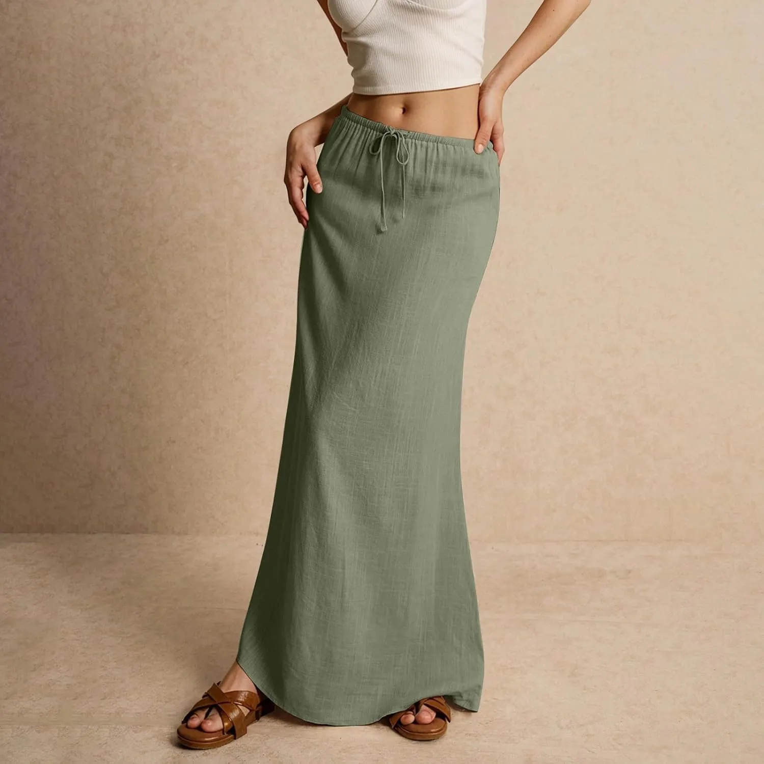 Summer Skirts for Women Comfy Drawstring Low Rise Womens Linen Maxi Skirt with Slit Plus Size Long Flowy Skirts