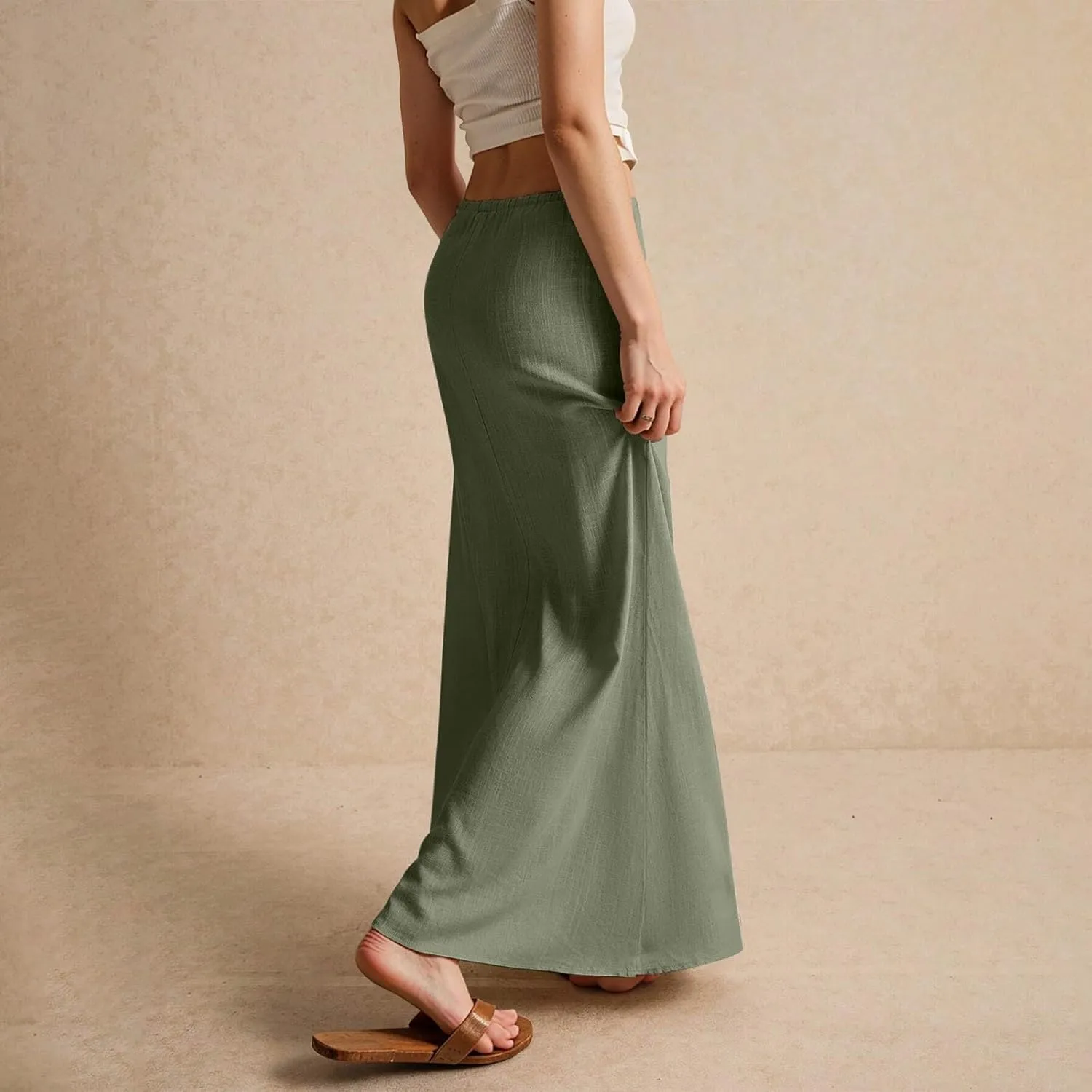 Summer Skirts for Women Comfy Drawstring Low Rise Womens Linen Maxi Skirt with Slit Plus Size Long Flowy Skirts