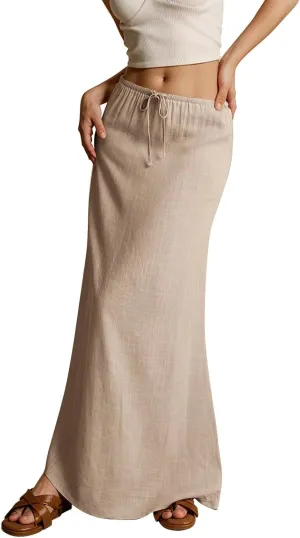 Summer Skirts for Women Comfy Drawstring Low Rise Womens Linen Maxi Skirt with Slit Plus Size Long Flowy Skirts