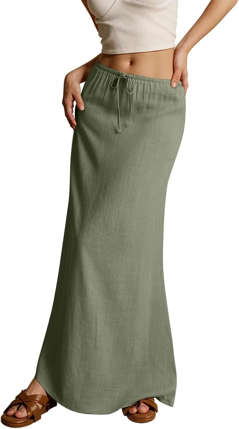 Summer Skirts for Women Comfy Drawstring Low Rise Womens Linen Maxi Skirt with Slit Plus Size Long Flowy Skirts