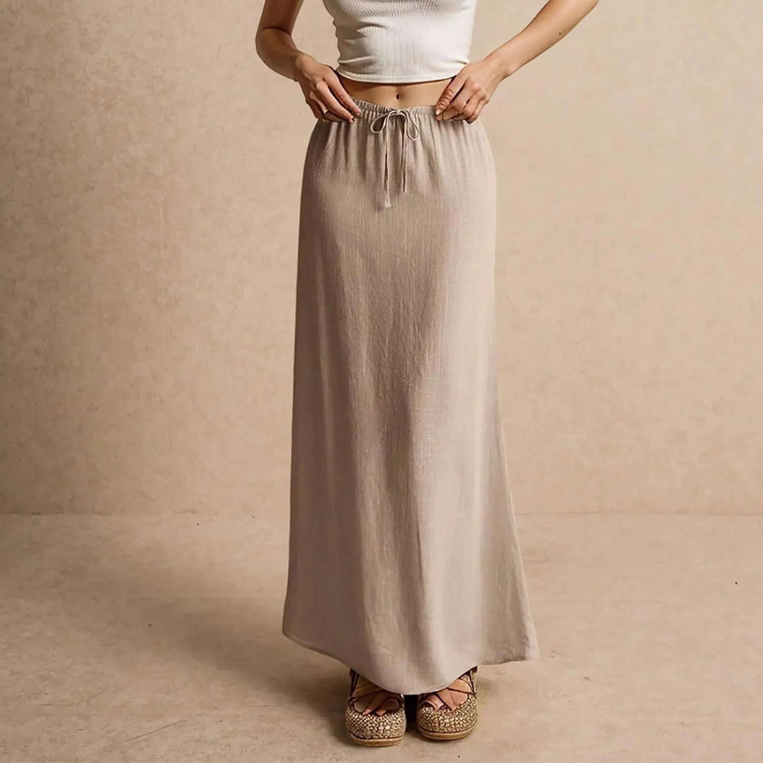 Summer Skirts for Women Comfy Drawstring Low Rise Womens Linen Maxi Skirt with Slit Plus Size Long Flowy Skirts