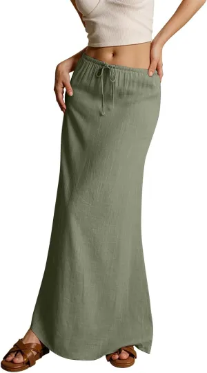 Summer Skirts for Women Comfy Drawstring Low Rise Womens Linen Maxi Skirt with Slit Plus Size Long Flowy Skirts
