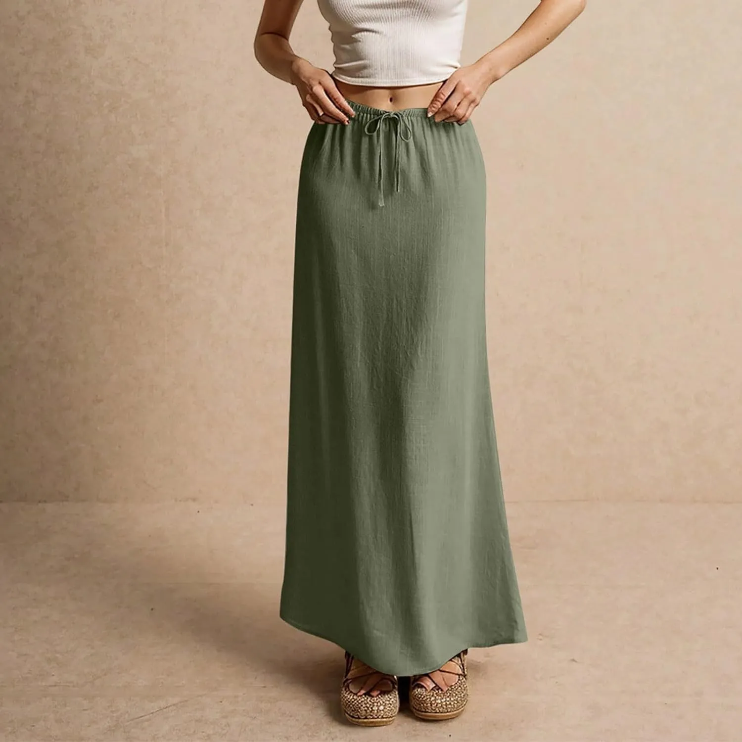 Summer Skirts for Women Comfy Drawstring Low Rise Womens Linen Maxi Skirt with Slit Plus Size Long Flowy Skirts