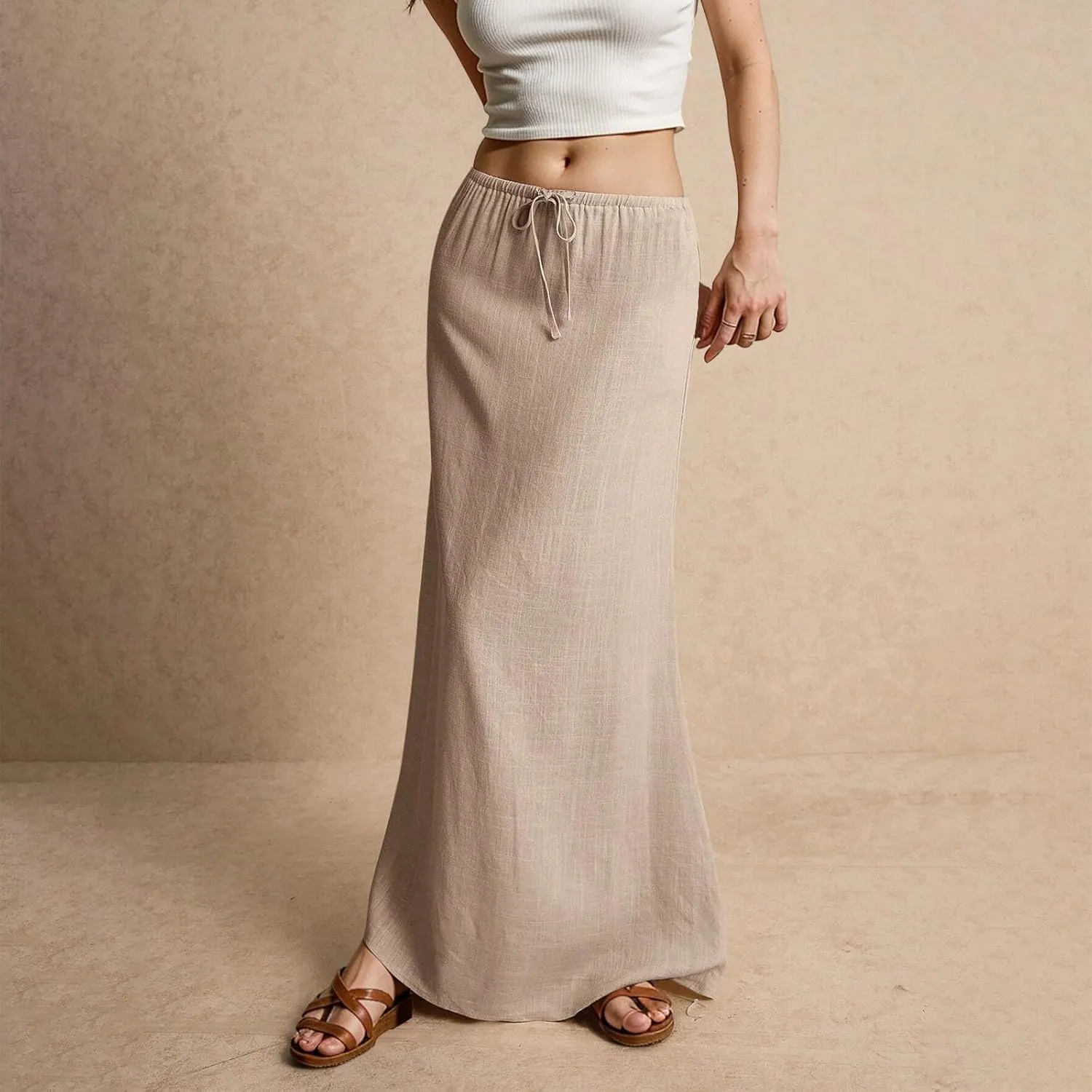 Summer Skirts for Women Comfy Drawstring Low Rise Womens Linen Maxi Skirt with Slit Plus Size Long Flowy Skirts