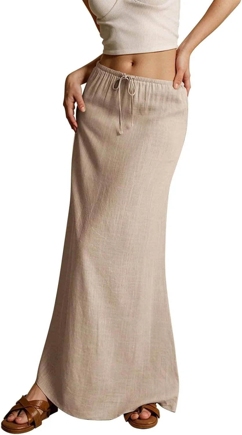 Summer Skirts for Women Comfy Drawstring Low Rise Womens Linen Maxi Skirt with Slit Plus Size Long Flowy Skirts