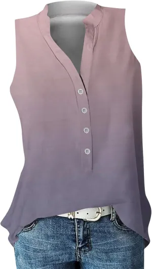 Summer Tank Tops for Women Plus Size Vneck Sleeveless T-Shirts Gradient Button Down Casual Office Tees Tunics