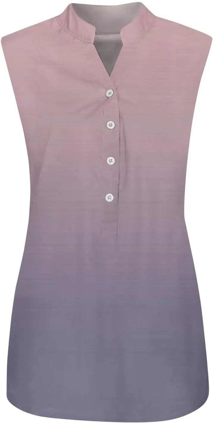 Summer Tank Tops for Women Plus Size Vneck Sleeveless T-Shirts Gradient Button Down Casual Office Tees Tunics