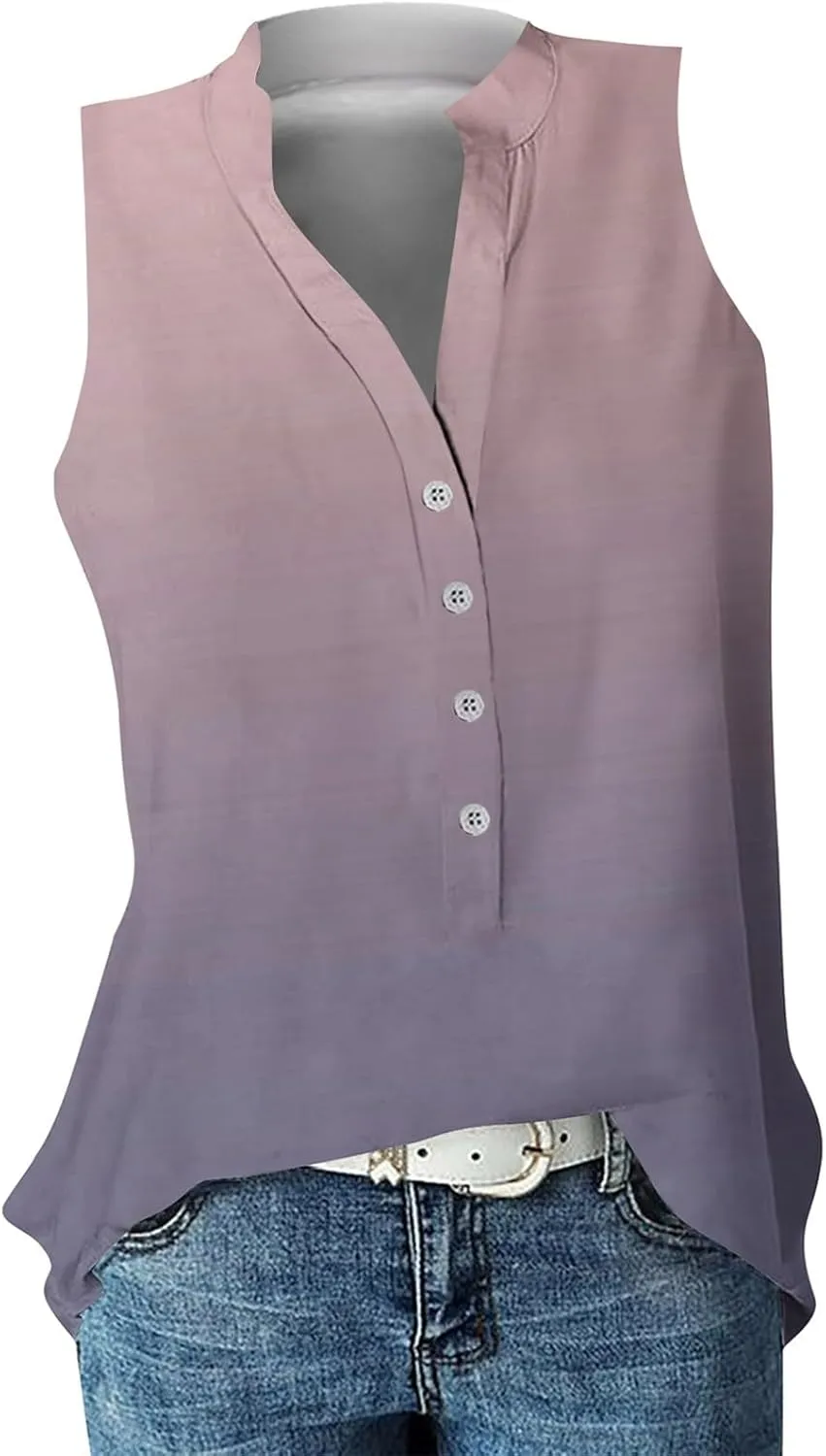Summer Tank Tops for Women Plus Size Vneck Sleeveless T-Shirts Gradient Button Down Casual Office Tees Tunics
