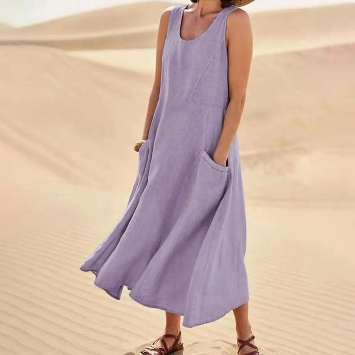 Sun Dresses for Women Casual Beach Plus Size Trendy Summer Linen V Neck T Shirt Dress Baggy Sleeveless Maxi Sundress