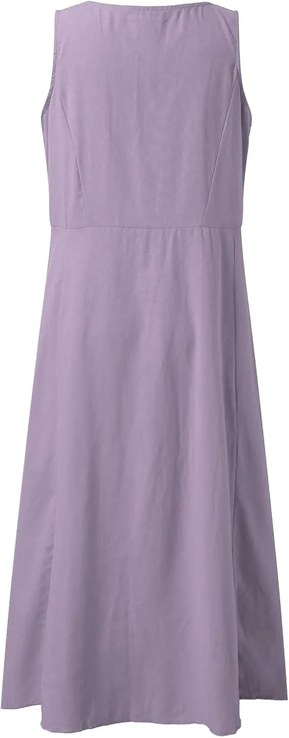 Sun Dresses for Women Casual Beach Plus Size Trendy Summer Linen V Neck T Shirt Dress Baggy Sleeveless Maxi Sundress