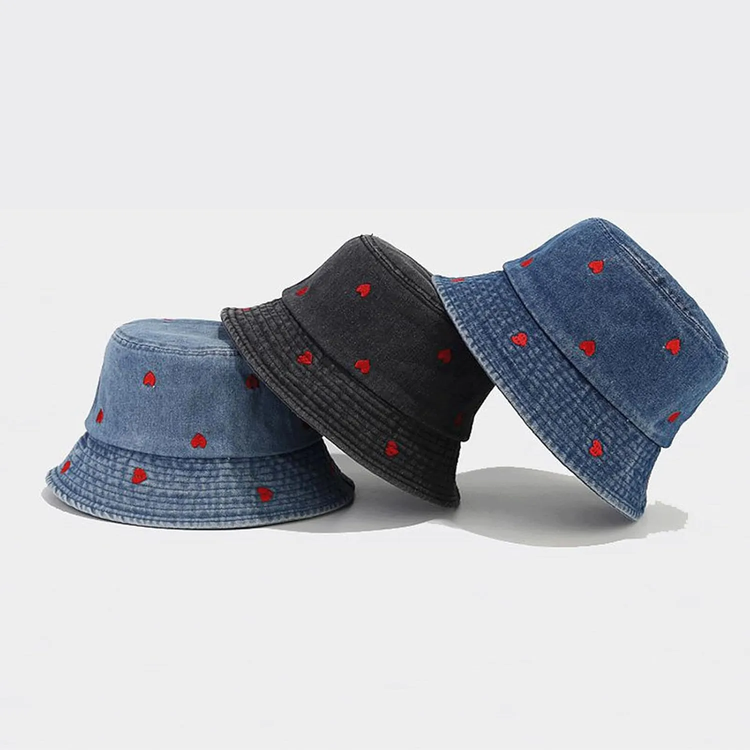 Sun Hat Womens Heart Print Y2K Bucket Hats UV Protection Summer Hats Wide Brim Sunhat