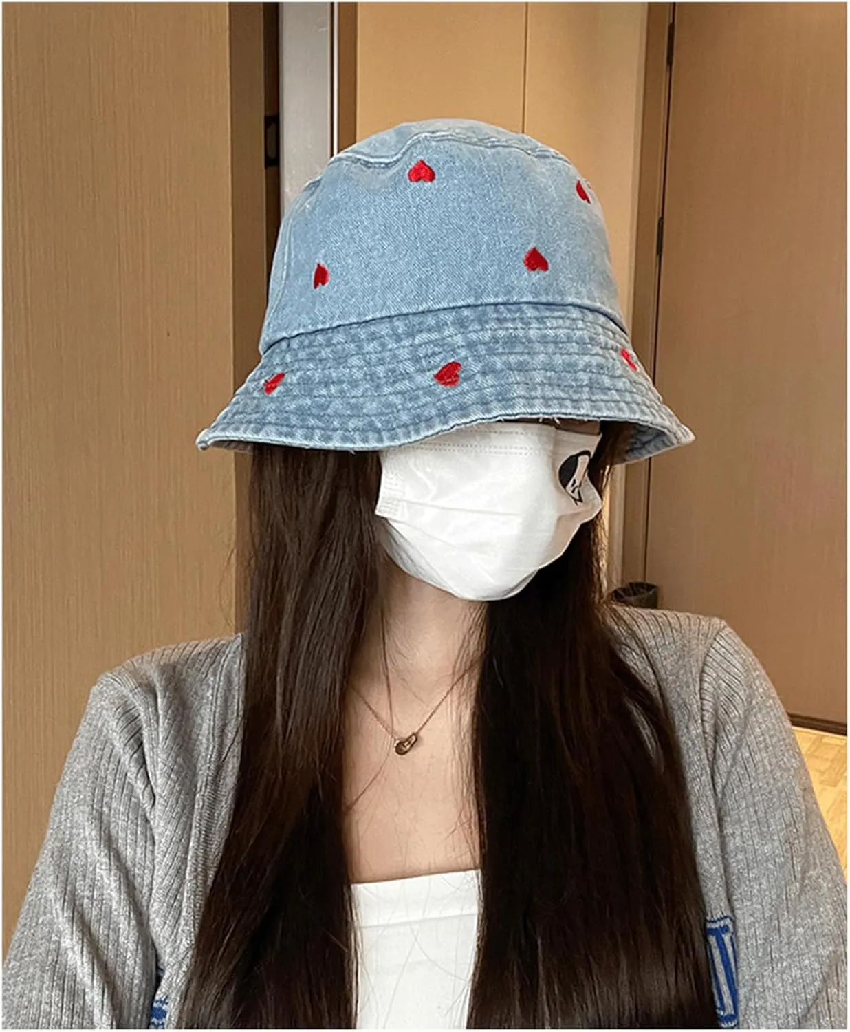 Sun Hat Womens Heart Print Y2K Bucket Hats UV Protection Summer Hats Wide Brim Sunhat