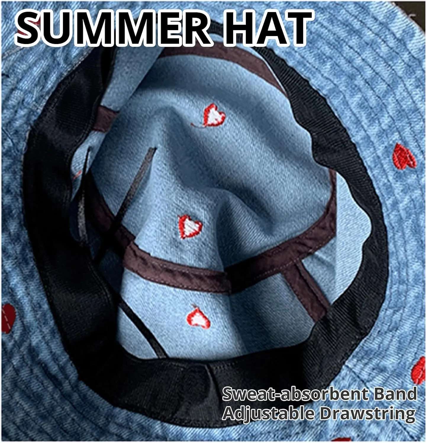 Sun Hat Womens Heart Print Y2K Bucket Hats UV Protection Summer Hats Wide Brim Sunhat