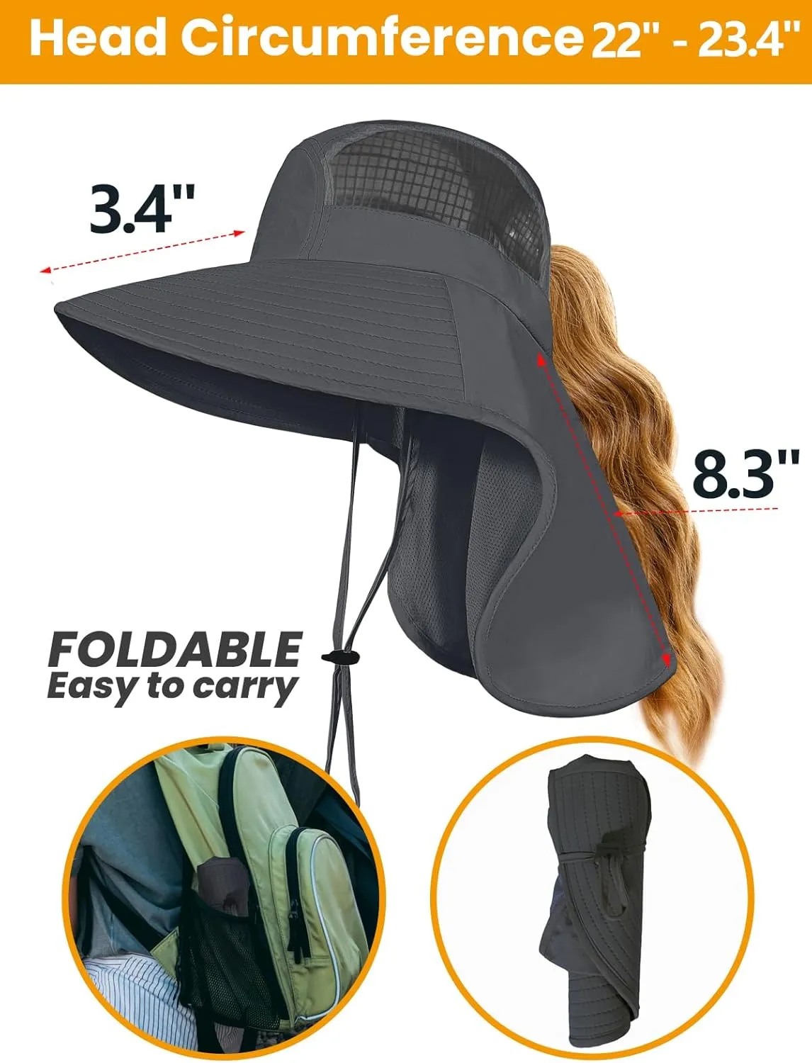 Sun Hats for Women UV Protection with Neck Flap Wide Brim Beach Hats with Ponytail Hole for Hiking Fishing Gardening Travel