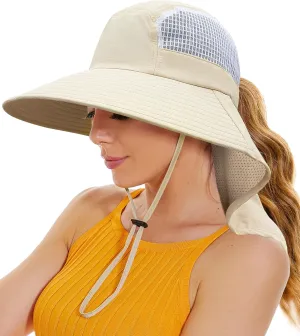 Sun Hats for Women UV Protection with Neck Flap Wide Brim Beach Hats with Ponytail Hole for Hiking Fishing Gardening Travel