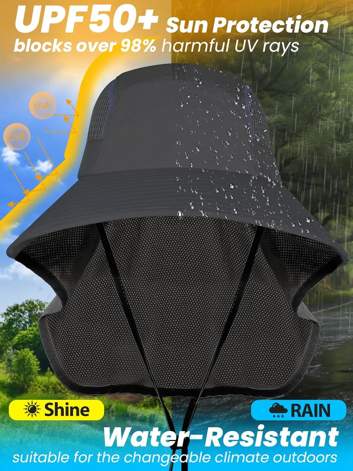 Sun Hats for Women UV Protection with Neck Flap Wide Brim Beach Hats with Ponytail Hole for Hiking Fishing Gardening Travel