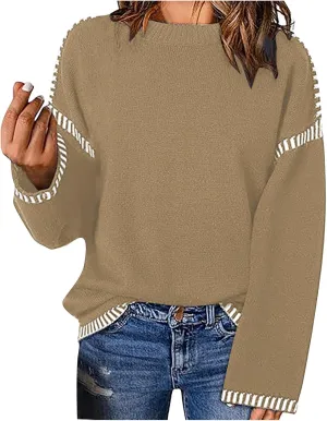 Sweaters for Women Trendy Casual Long Sleeve Crew Neck Loose Patchwork Knitted Pullover Sweaters 2024 Fall Clothes