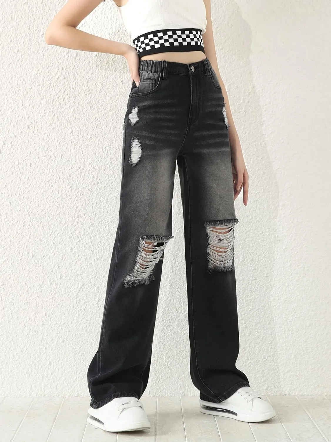 SweatyRocks Girl's Casual High Elastic Waist Ripped Jeans Straight Leg Denim Pants with Pocket