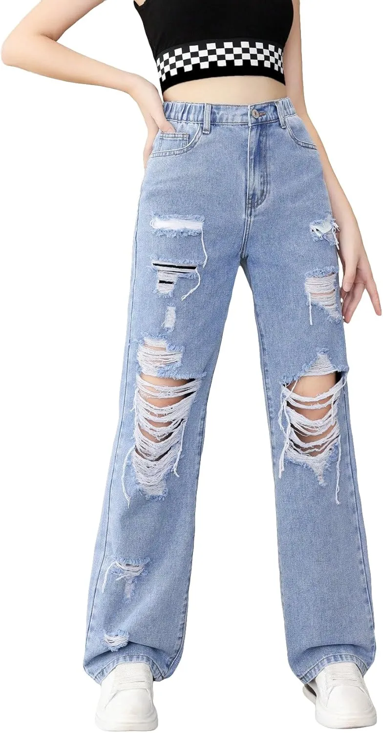 SweatyRocks Girl's Casual High Elastic Waist Ripped Jeans Straight Leg Denim Pants with Pocket