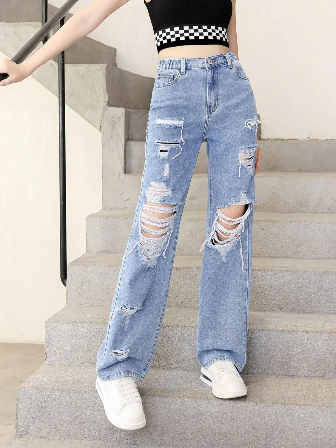 SweatyRocks Girl's Casual High Elastic Waist Ripped Jeans Straight Leg Denim Pants with Pocket