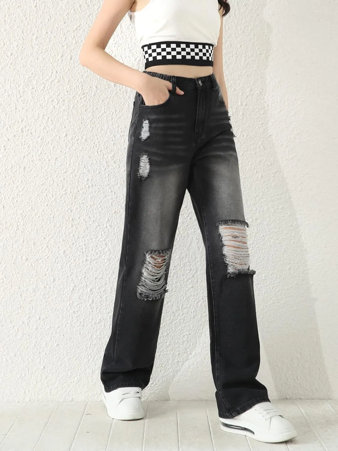 SweatyRocks Girl's Casual High Elastic Waist Ripped Jeans Straight Leg Denim Pants with Pocket