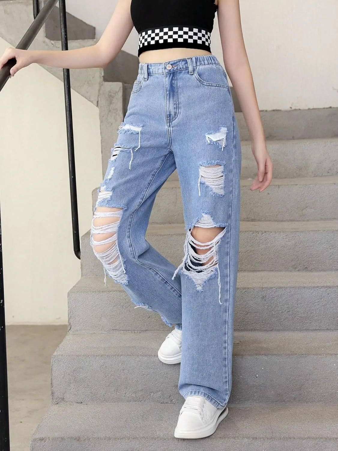 SweatyRocks Girl's Casual High Elastic Waist Ripped Jeans Straight Leg Denim Pants with Pocket
