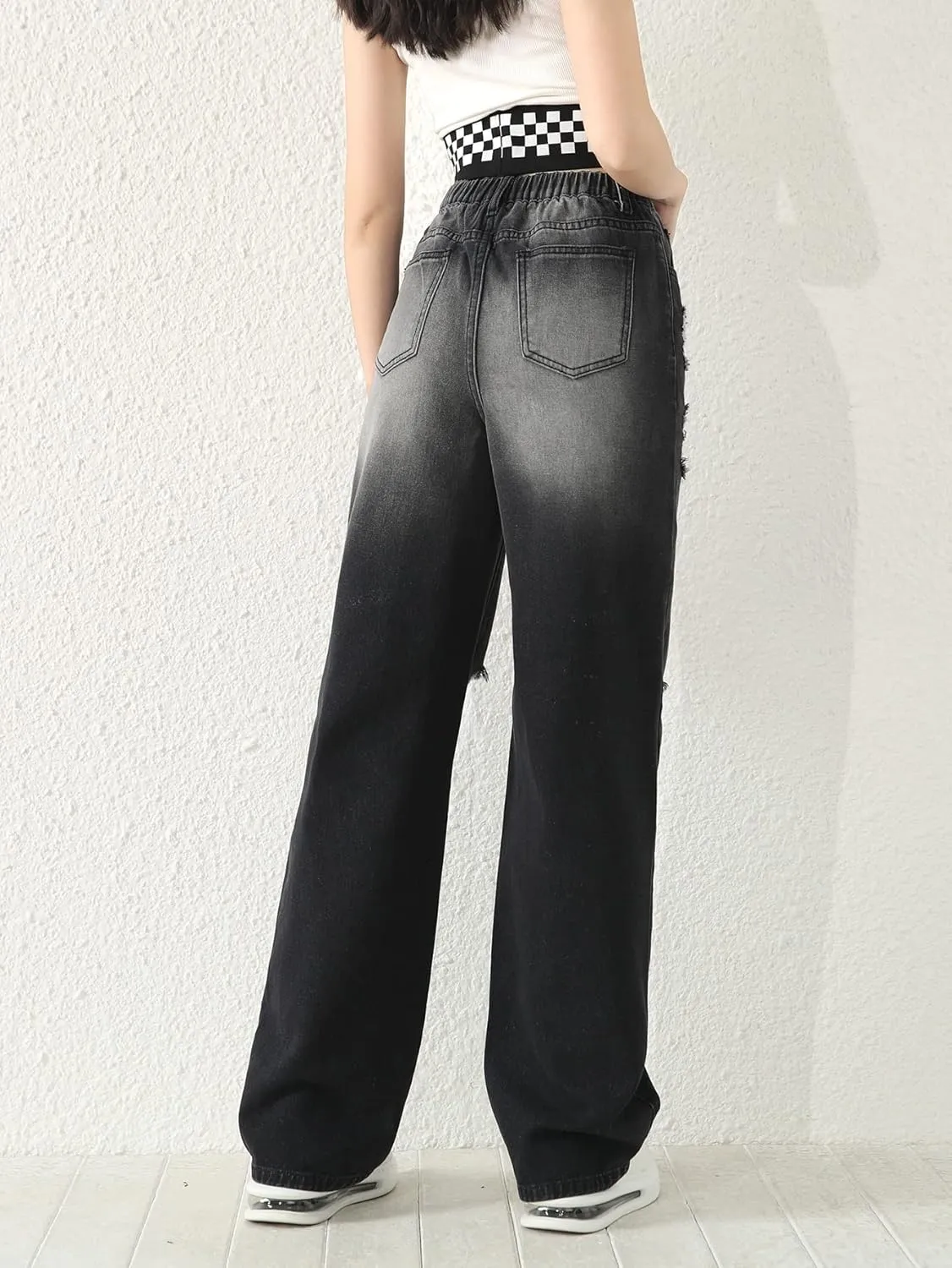 SweatyRocks Girl's Casual High Elastic Waist Ripped Jeans Straight Leg Denim Pants with Pocket