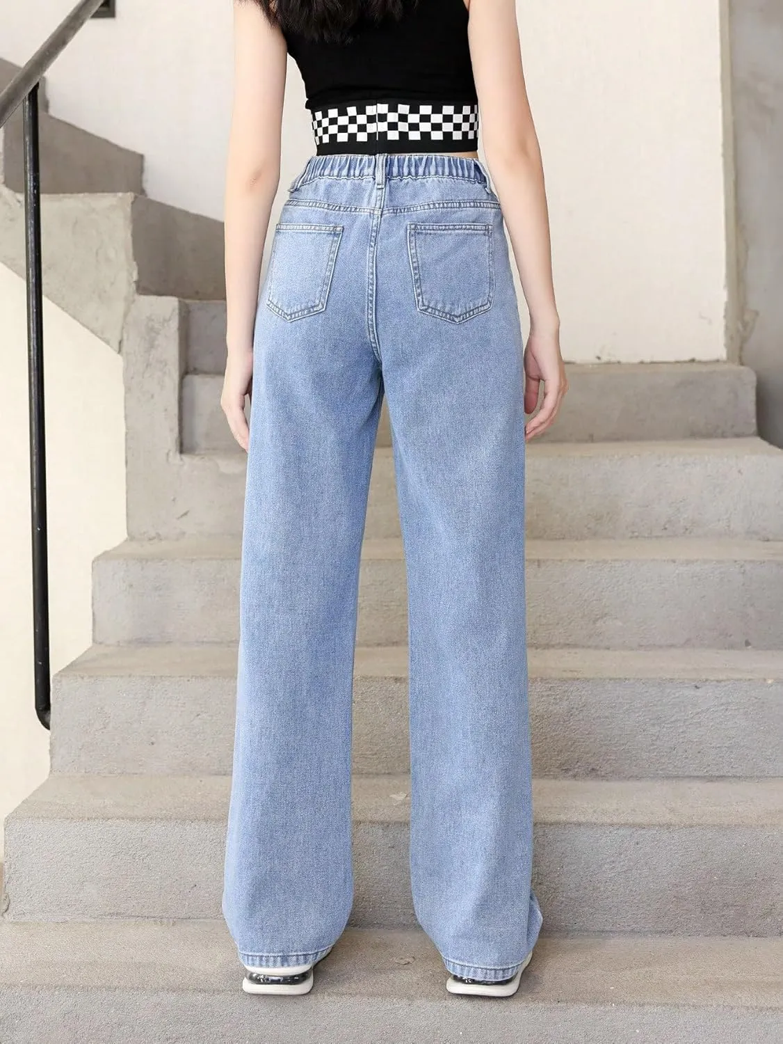 SweatyRocks Girl's Casual High Elastic Waist Ripped Jeans Straight Leg Denim Pants with Pocket