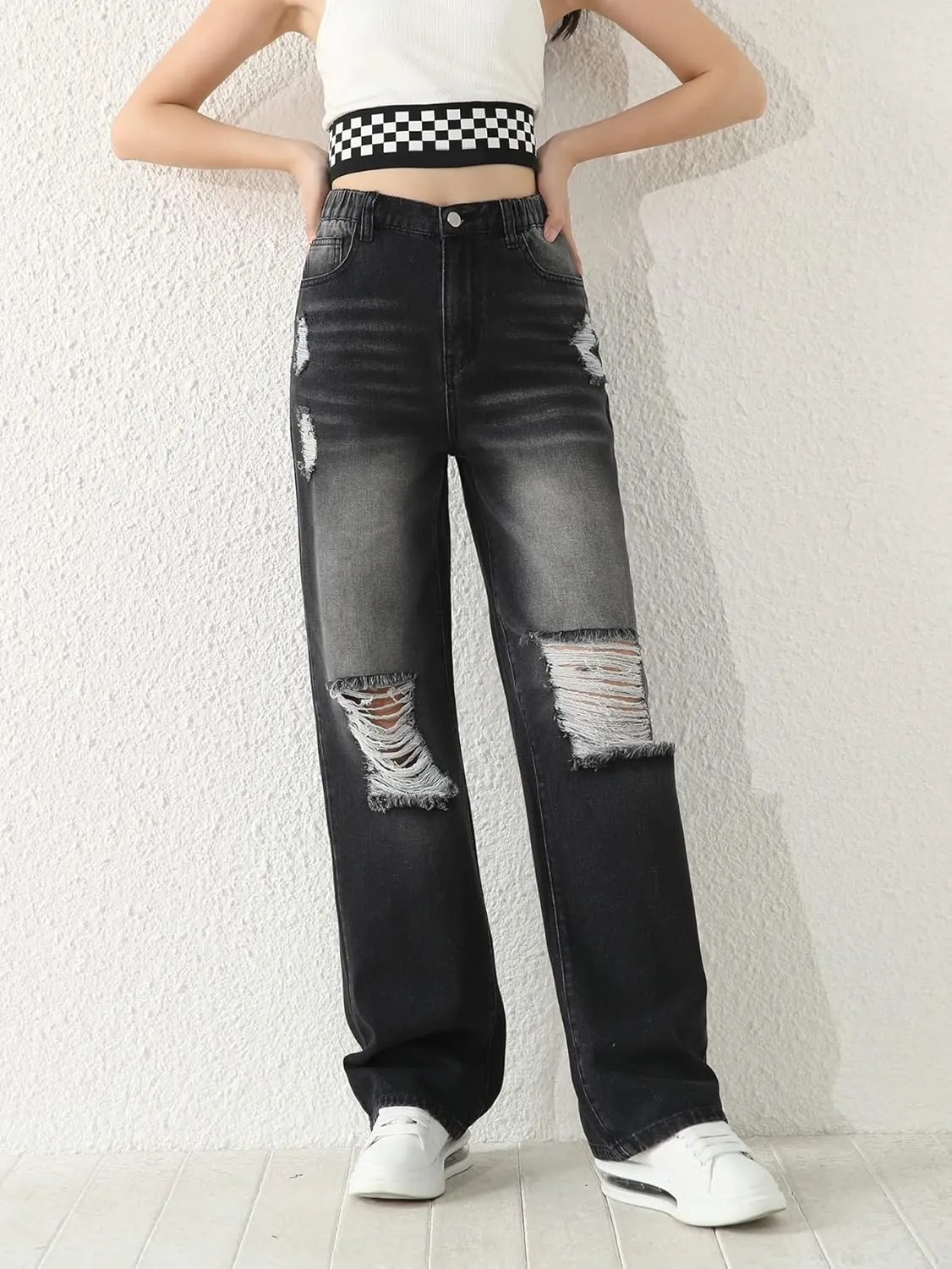 SweatyRocks Girl's Casual High Elastic Waist Ripped Jeans Straight Leg Denim Pants with Pocket