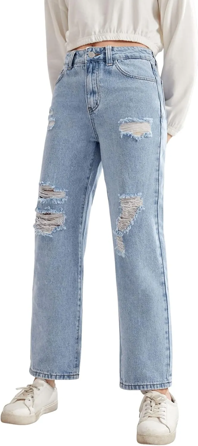 SweatyRocks Teen Girl's High Waisted Straight Leg Ripped Jeans Washed Denim Pants with Pockets