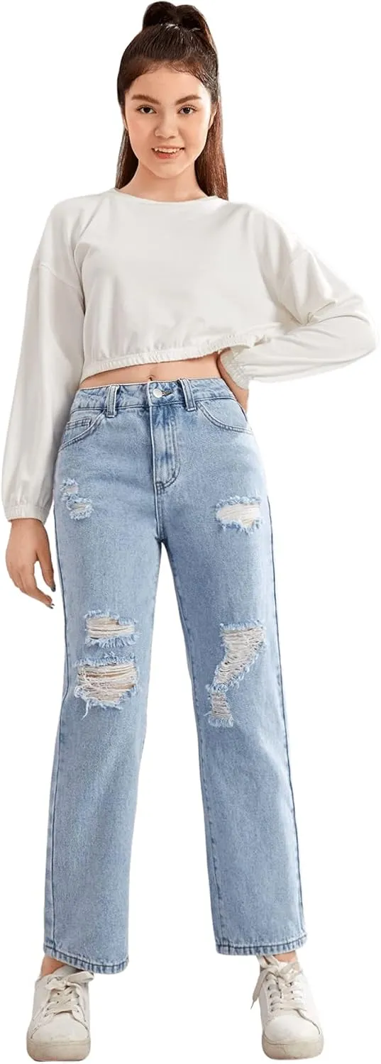 SweatyRocks Teen Girl's High Waisted Straight Leg Ripped Jeans Washed Denim Pants with Pockets