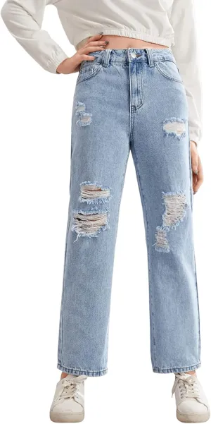 SweatyRocks Teen Girl's High Waisted Straight Leg Ripped Jeans Washed Denim Pants with Pockets