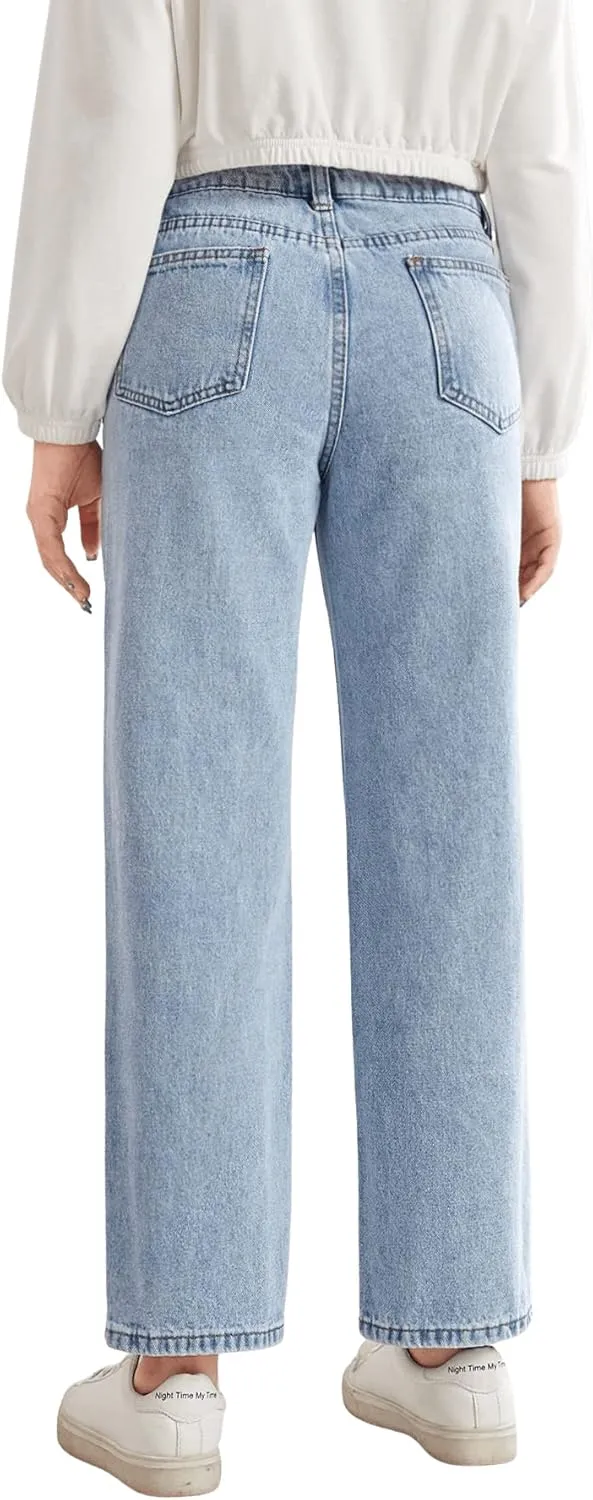 SweatyRocks Teen Girl's High Waisted Straight Leg Ripped Jeans Washed Denim Pants with Pockets