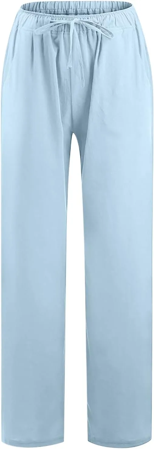 TARIENDY Women's Cotton Linen Pants Drawstring Elastic High Waist Wide Leg Lounge Palazzo Trousers Beach Vacation Outfits