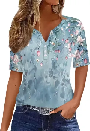 Tops for Women Trendy Henley V Neck Pullover Printed Vacation Tops Button Down Comfy Tees Trendy Tunics T Shirt