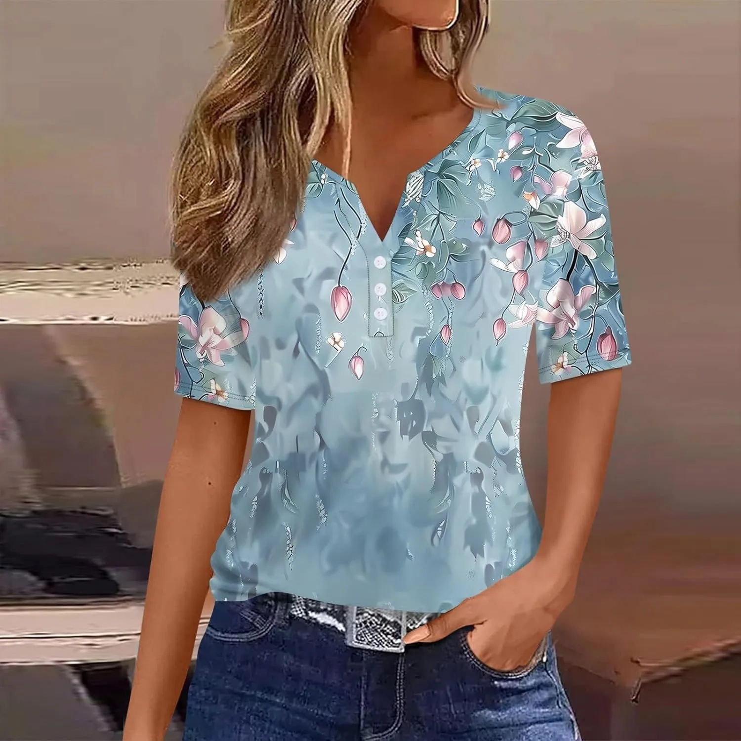 Tops for Women Trendy Henley V Neck Pullover Printed Vacation Tops Button Down Comfy Tees Trendy Tunics T Shirt
