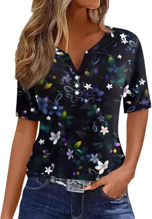 Tops for Women Trendy Henley V Neck Pullover Printed Vacation Tops Button Down Comfy Tees Trendy Tunics T Shirt