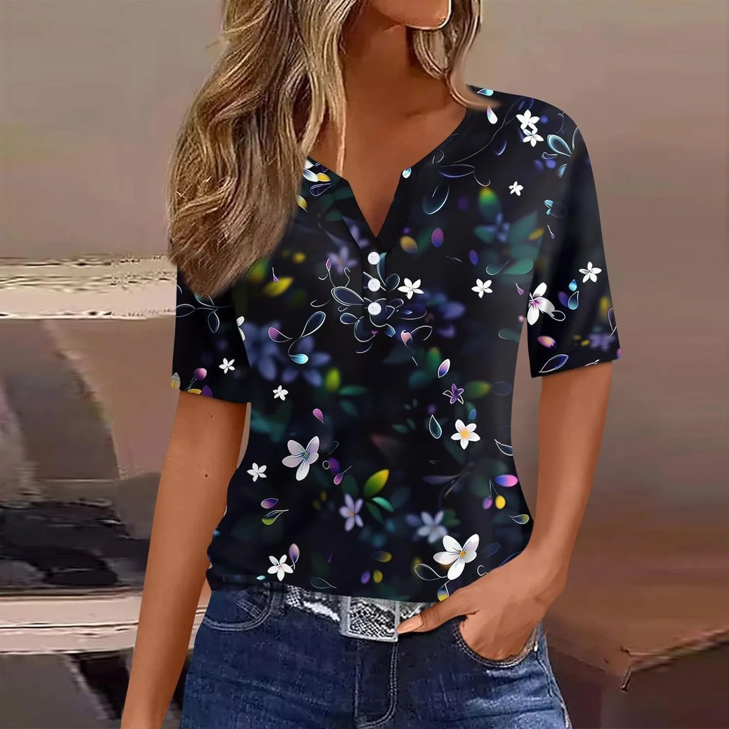 Tops for Women Trendy Henley V Neck Pullover Printed Vacation Tops Button Down Comfy Tees Trendy Tunics T Shirt