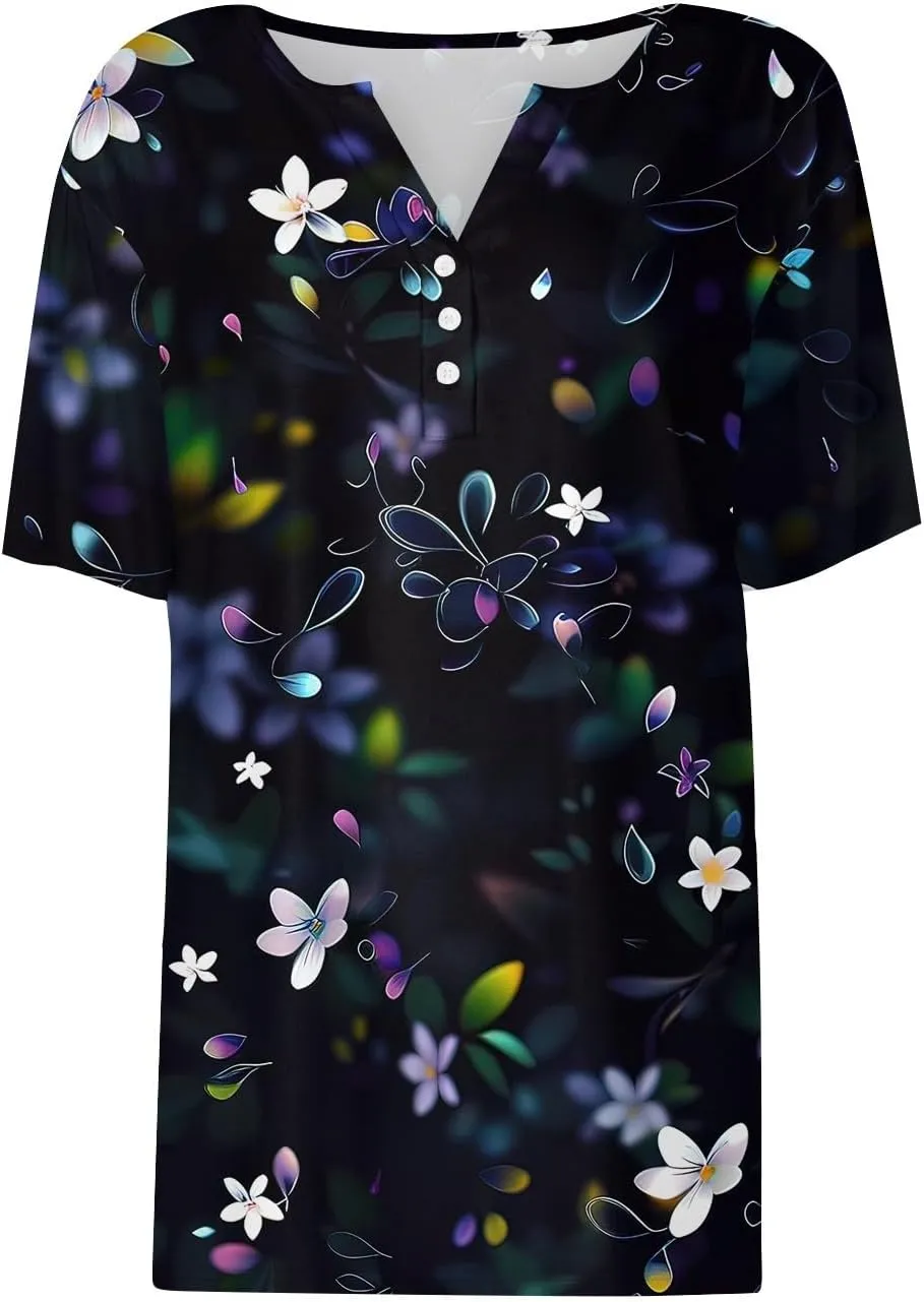 Tops for Women Trendy Henley V Neck Pullover Printed Vacation Tops Button Down Comfy Tees Trendy Tunics T Shirt