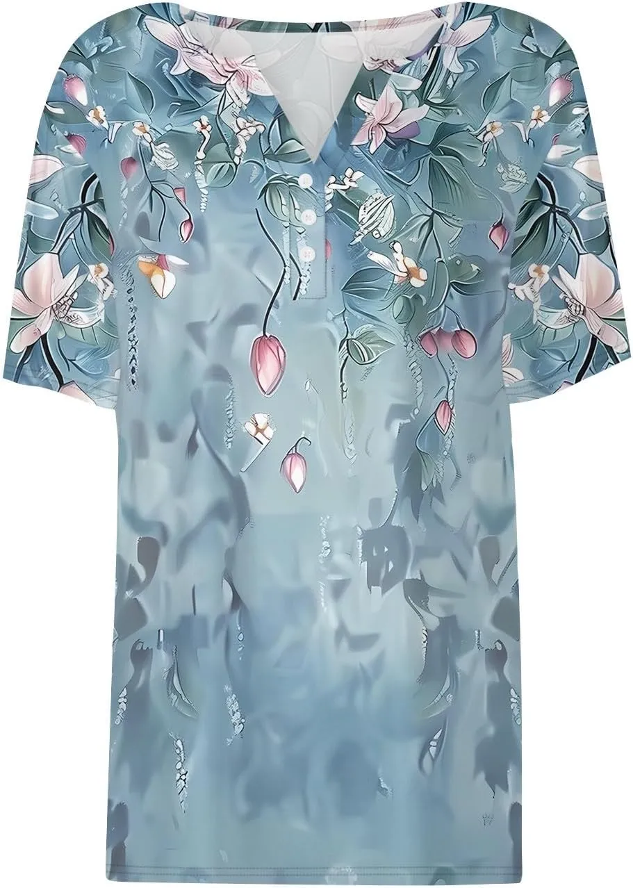 Tops for Women Trendy Henley V Neck Pullover Printed Vacation Tops Button Down Comfy Tees Trendy Tunics T Shirt