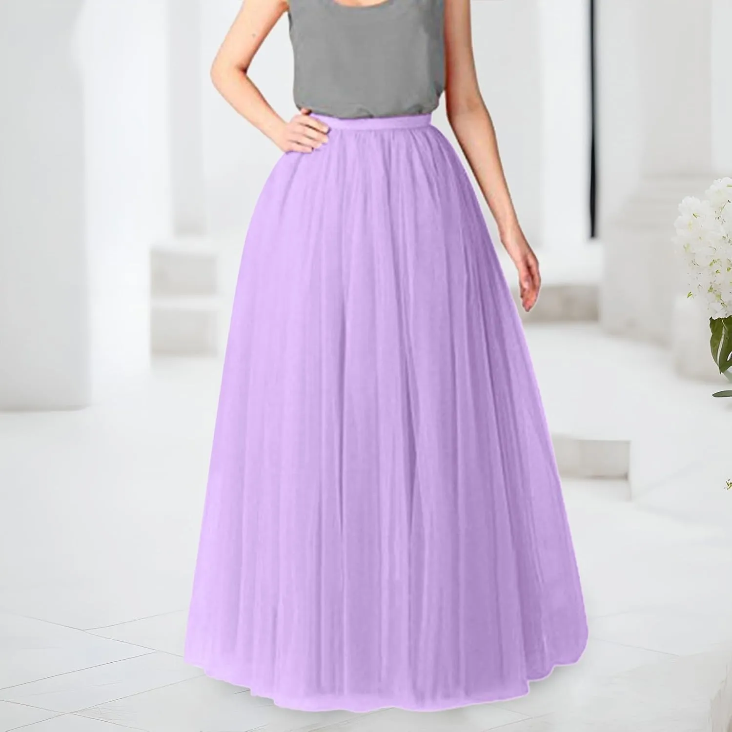 Tulle A-Line Maxi Skirts for Women Elastic Waisted Swing Tiered Mesh Pleated Long Skirt for Dancing