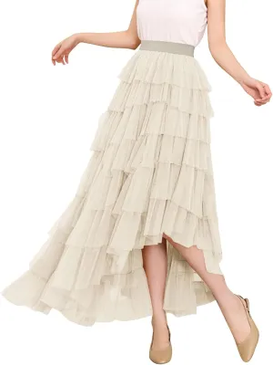 Tulle Maxi Skirts for Women Elastic High Waisted Flowy Swing A-Line Asymmetrical Tiered Pleated Long Skirt