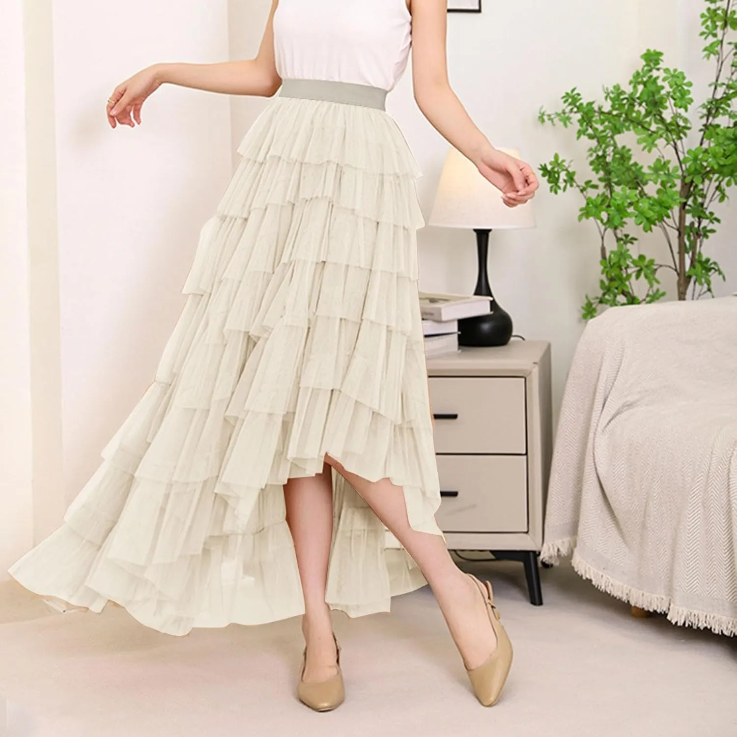 Tulle Maxi Skirts for Women Elastic High Waisted Flowy Swing A-Line Asymmetrical Tiered Pleated Long Skirt