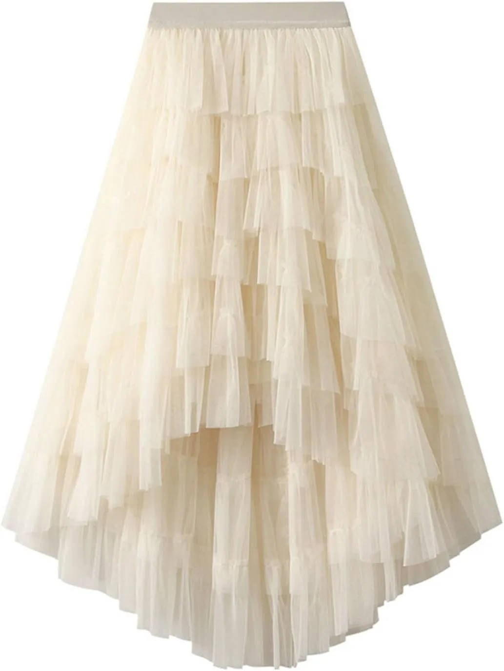 Tulle Maxi Skirts for Women Elastic High Waisted Flowy Swing A-Line Asymmetrical Tiered Pleated Long Skirt